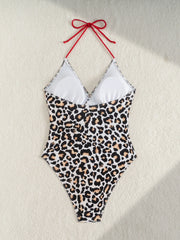Coffee Leopard Print Swimwear V Neck Hollow Out Backless Tummy Control One Piece Swimsuit Holiday Bathing Suit