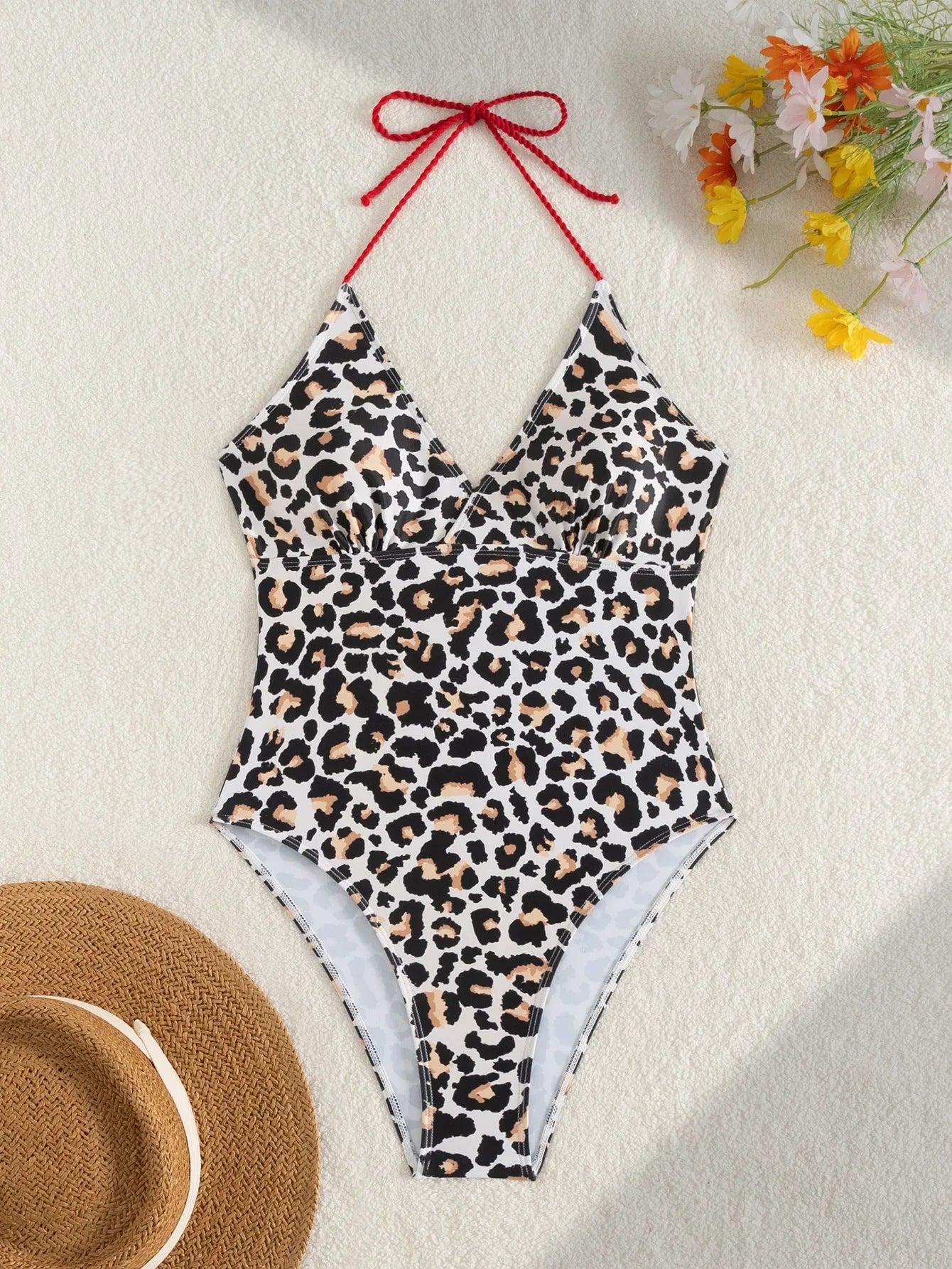 Coffee Leopard Print Swimwear V Neck Hollow Out Backless Tummy Control One Piece Swimsuit Holiday Bathing Suit