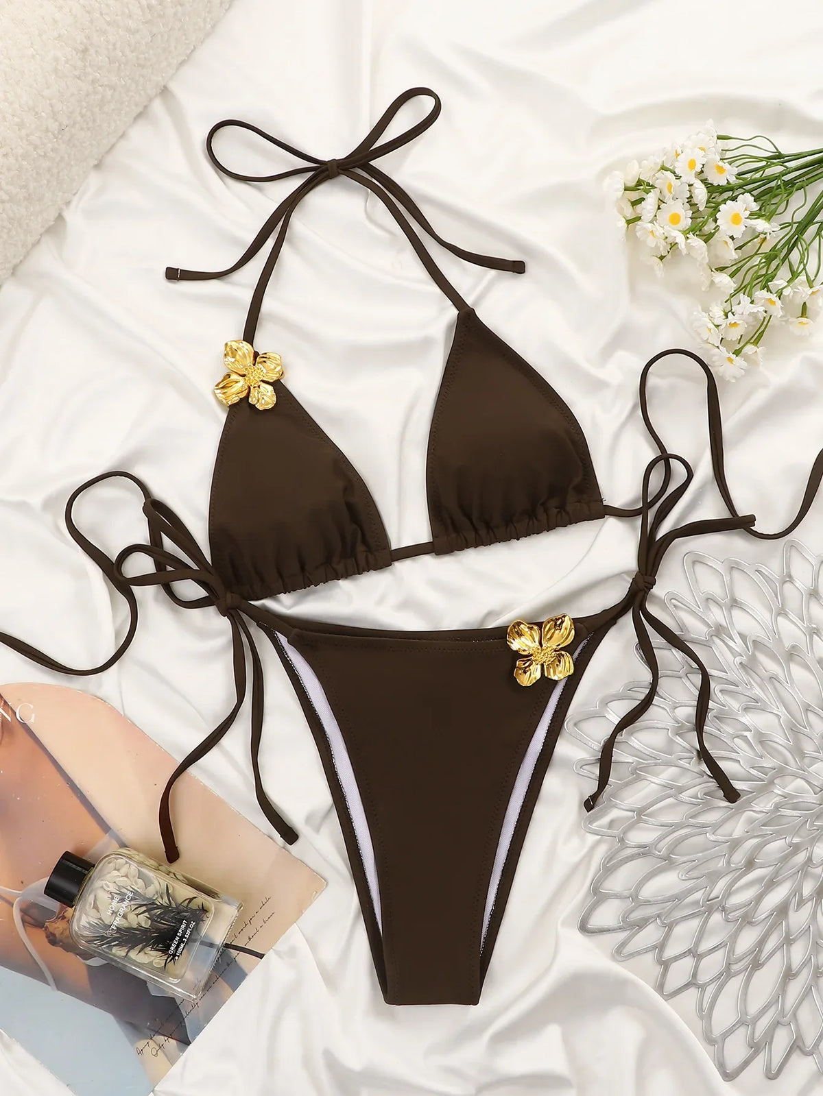 Coffee Metal Flower Bikinis Sets