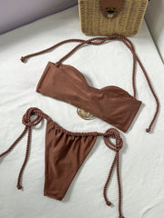 Coffee Micro Bikini Metal Circle Pleate Push Up Bra Tie Side Thong Swimsuit Beach Bathing Suit