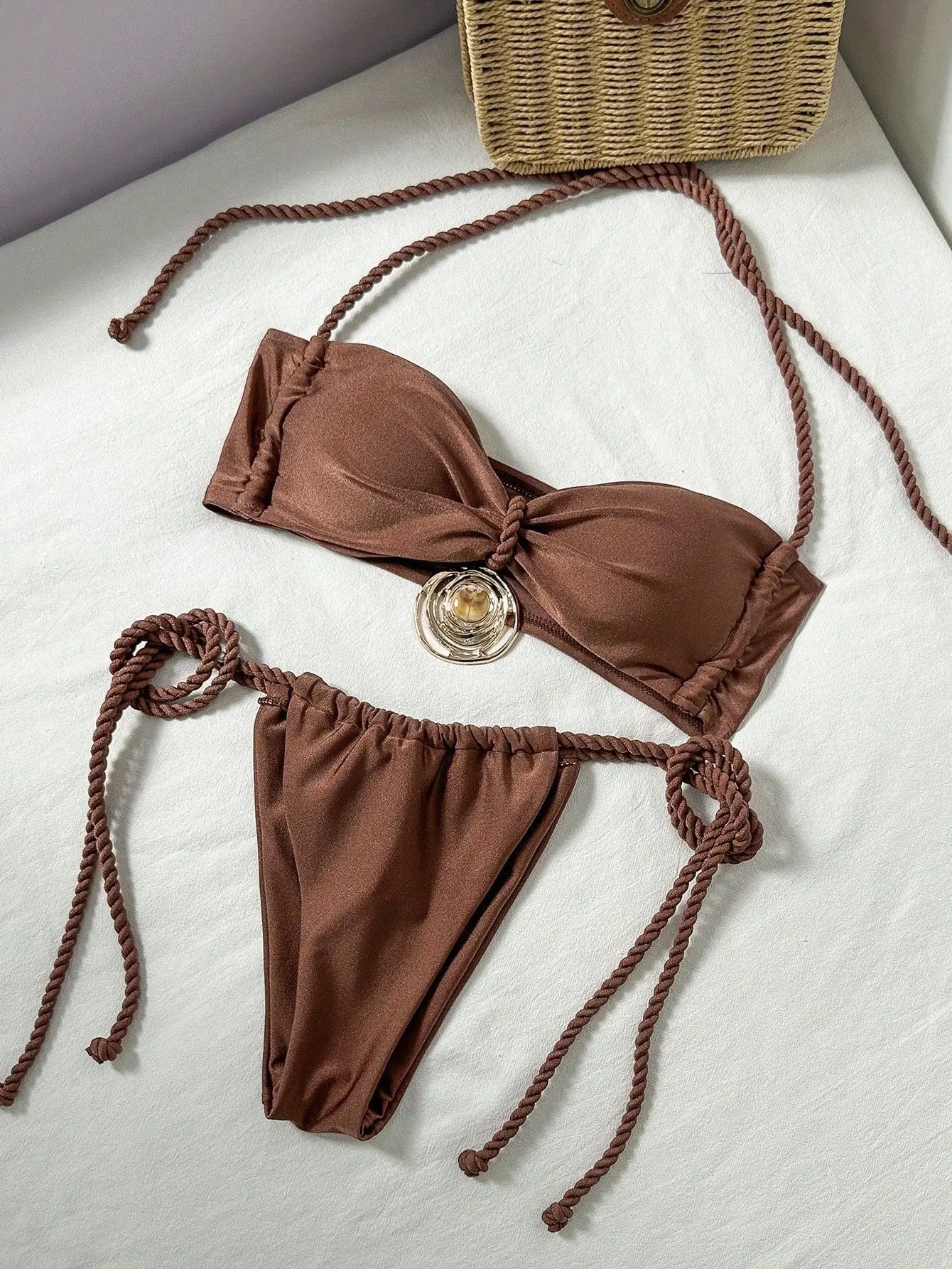 Coffee Micro Bikini Metal Circle Pleate Push Up Bra Tie Side Thong Swimsuit Beach Bathing Suit