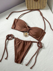 Coffee Micro Bikini Metal Circle Pleate Push Up Bra Tie Side Thong Swimsuit Beach Bathing Suit
