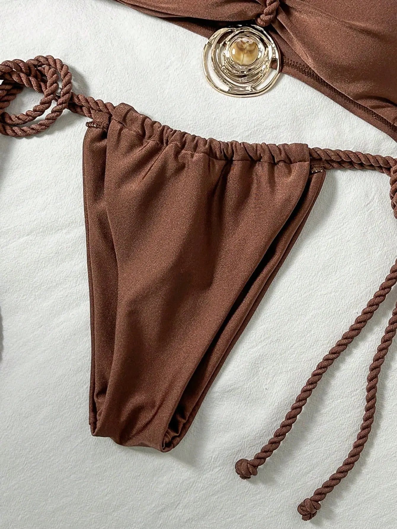 Coffee Micro Bikini Metal Circle Pleate Push Up Bra Tie Side Thong Swimsuit Beach Bathing Suit