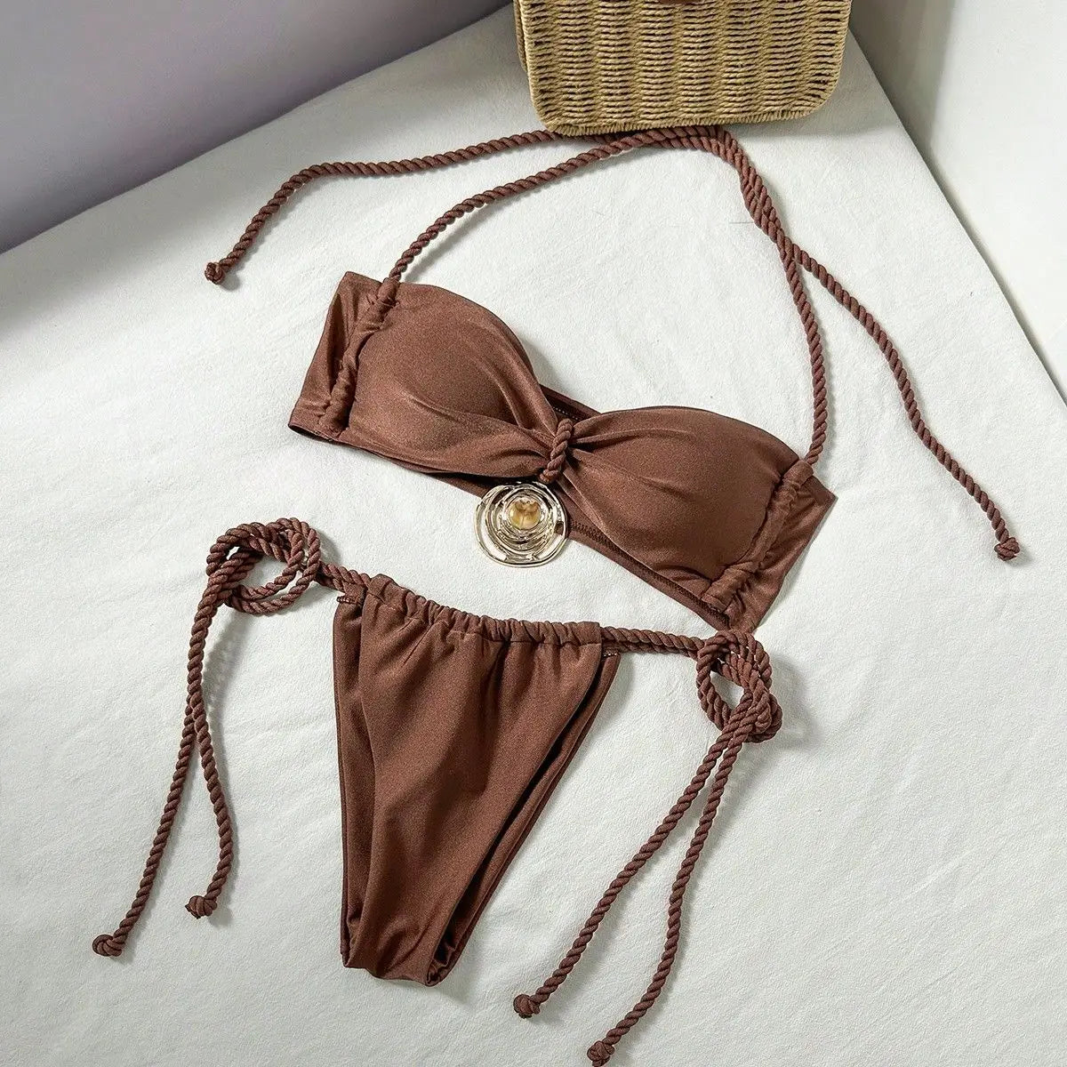 Coffee Micro Bikini Metal Circle Pleate Push Up Bra Tie Side Thong Swimsuit Beach Bathing Suit