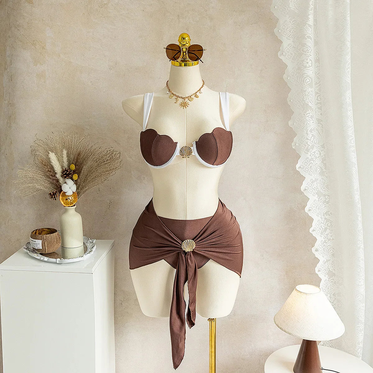 Coffee Patchwork Mesh Cover Up 3 Piece Bikini Set