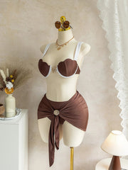 Coffee Patchwork Mesh Cover Up 3 Piece Bikini Set