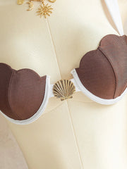 Coffee Patchwork Mesh Cover Up 3 Piece Bikini Set