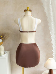 Coffee Patchwork Mesh Cover Up 3 Piece Bikini Set