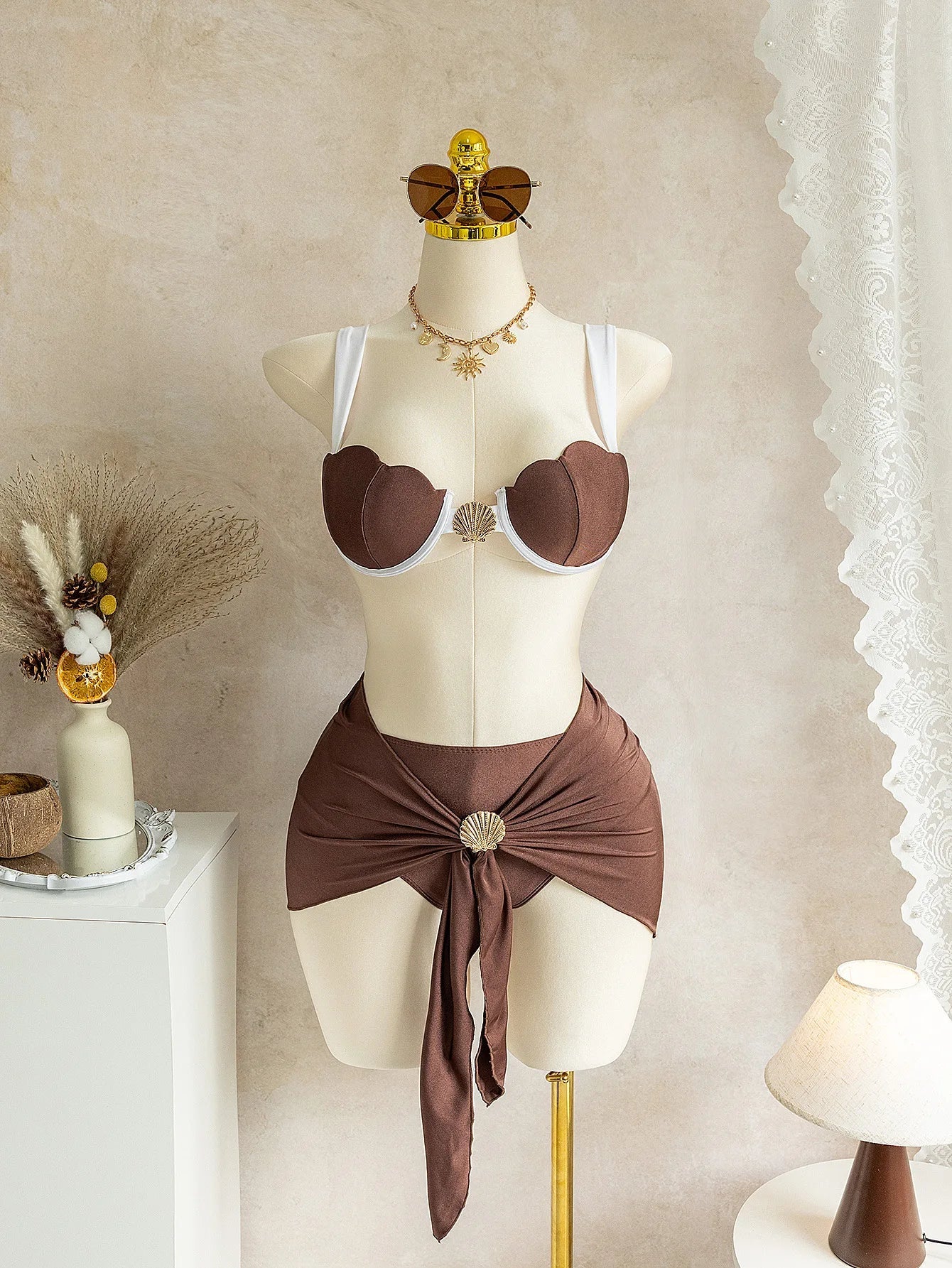 Coffee Patchwork Mesh Cover Up 3 Piece Bikini Set