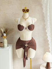 Coffee Patchwork Mesh Cover Up 3 Piece Bikini Set