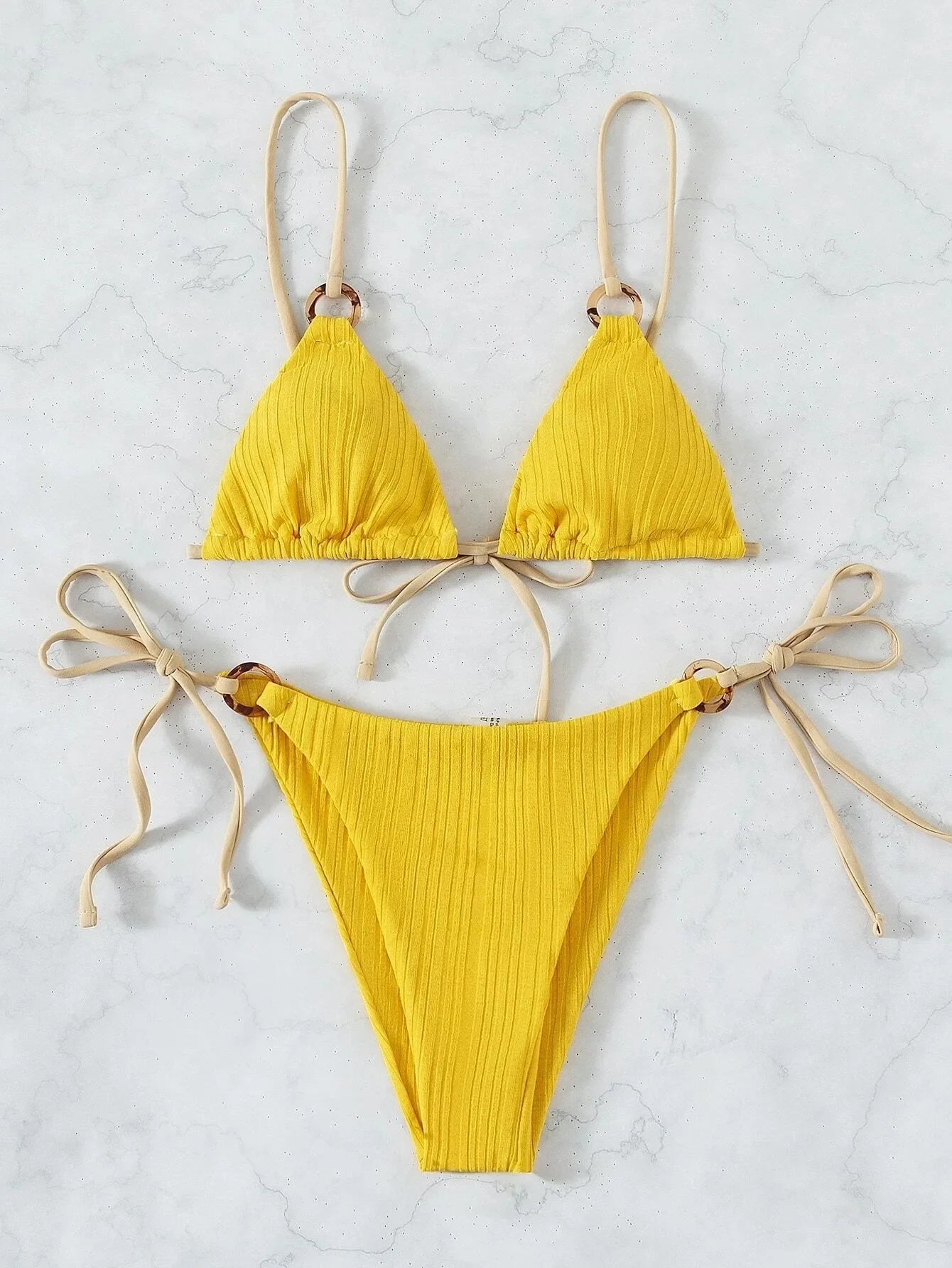 Coffee Patchwork Micro Bikini Ring Strap Push Up Tie Side Thong Swimsuit Beach Bathing Suit