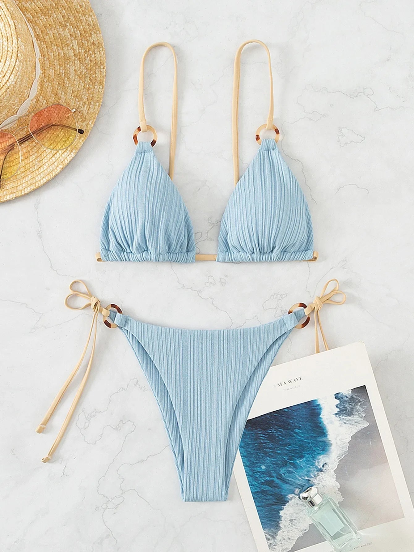 Coffee Patchwork Micro Bikini Ring Strap Push Up Tie Side Thong Swimsuit Beach Bathing Suit
