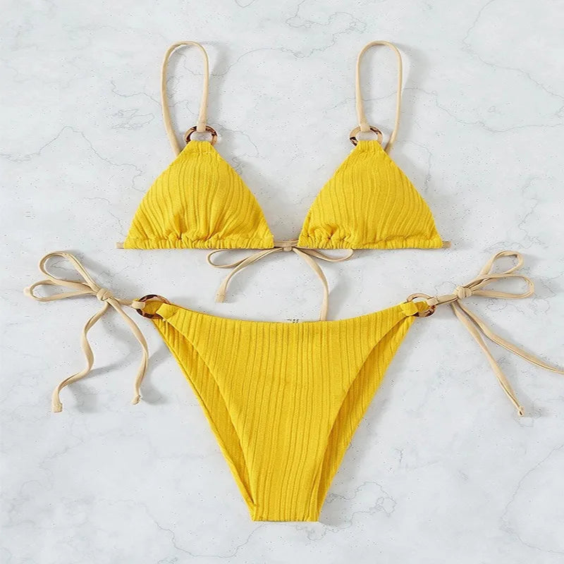 Coffee Patchwork Micro Bikini Ring Strap Push Up Tie Side Thong Swimsuit Beach Bathing Suit