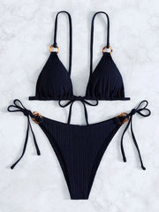 Coffee Patchwork Micro Bikini Ring Strap Push Up Tie Side Thong Swimsuit Beach Bathing Suit