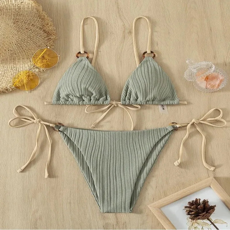 Coffee Patchwork Micro Bikini Ring Strap Push Up Tie Side Thong Swimsuit Beach Bathing Suit