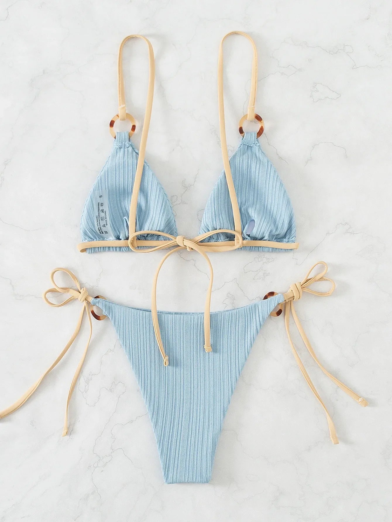 Coffee Patchwork Micro Bikini Ring Strap Push Up Tie Side Thong Swimsuit Beach Bathing Suit
