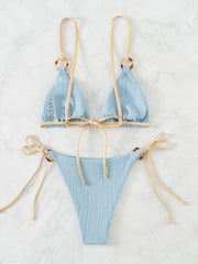 Coffee Patchwork Micro Bikini Ring Strap Push Up Tie Side Thong Swimsuit Beach Bathing Suit