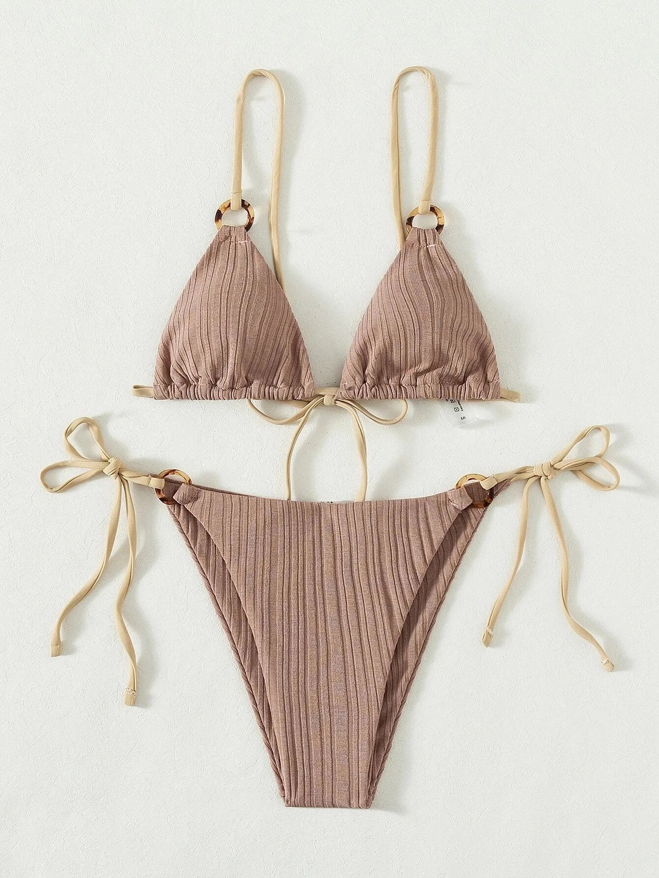 Coffee Patchwork Micro Bikini Ring Strap Push Up Tie Side Thong Swimsuit Beach Bathing Suit