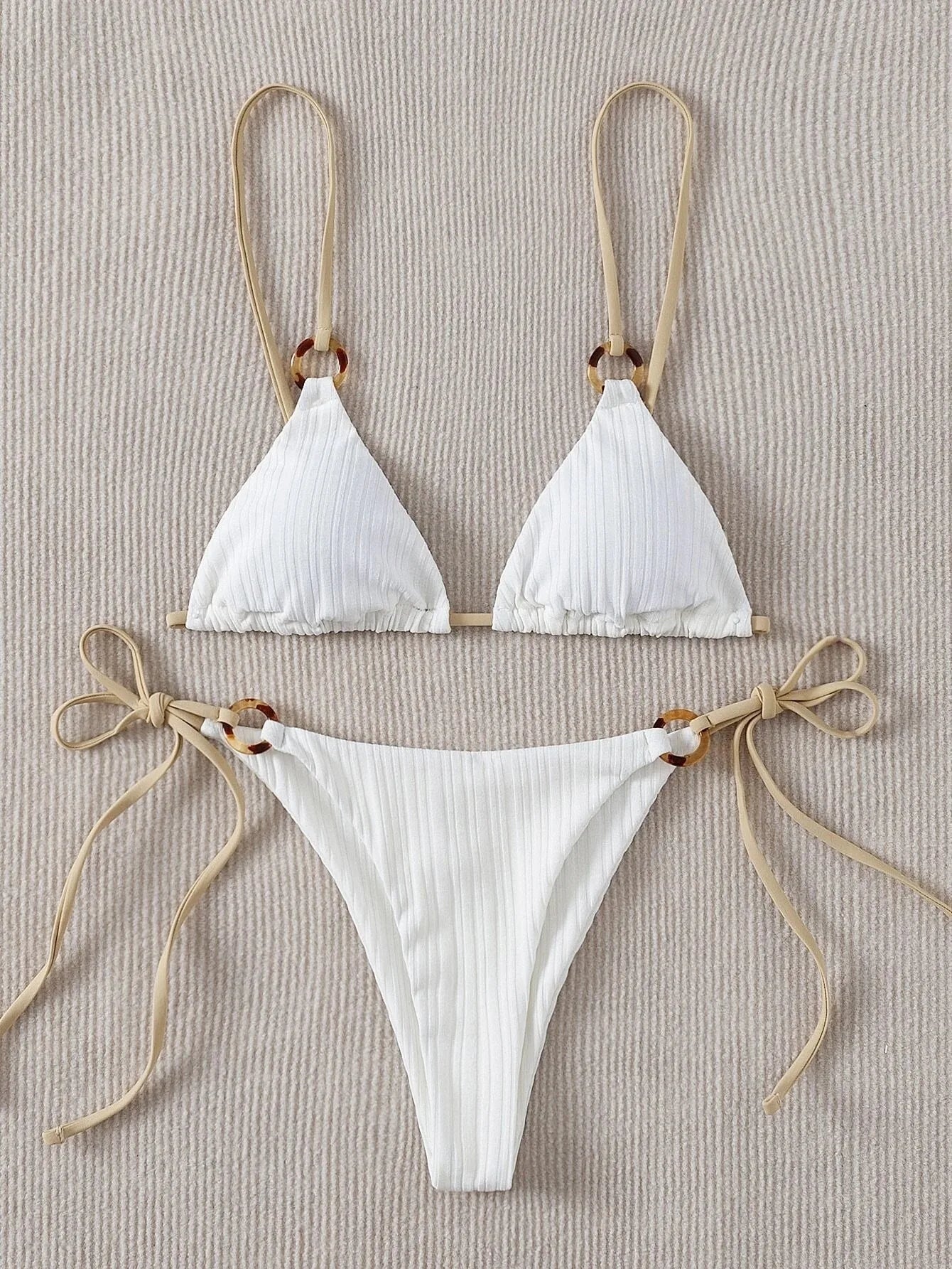 Coffee Patchwork Micro Bikini Ring Strap Push Up Tie Side Thong Swimsuit Beach Bathing Suit