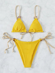 Coffee Patchwork Micro Bikini Ring Strap Push Up Tie Side Thong Swimsuit Beach Bathing Suit