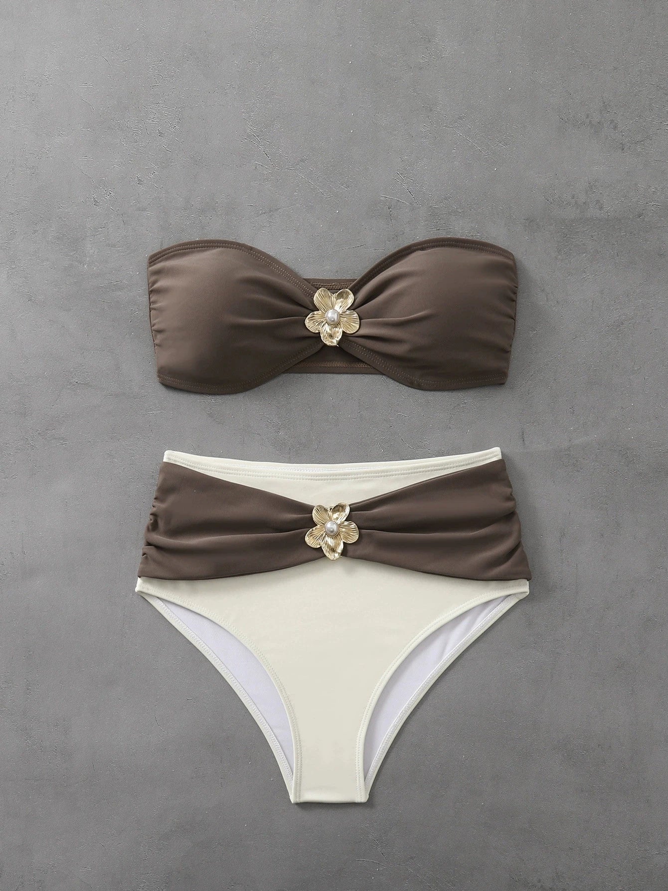 Coffee Patchwork Swimwear Metal Flower Pleate Push Up High Waist Bikini Set