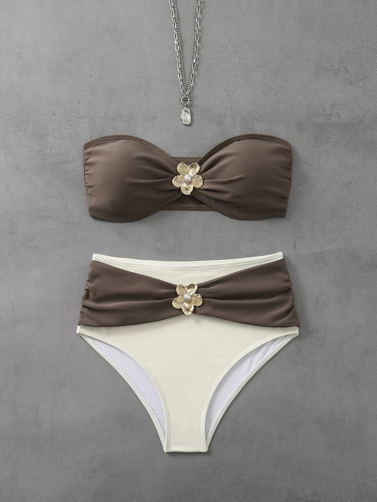 Coffee Patchwork Swimwear Metal Flower Pleate Push Up High Waist Bikini Set