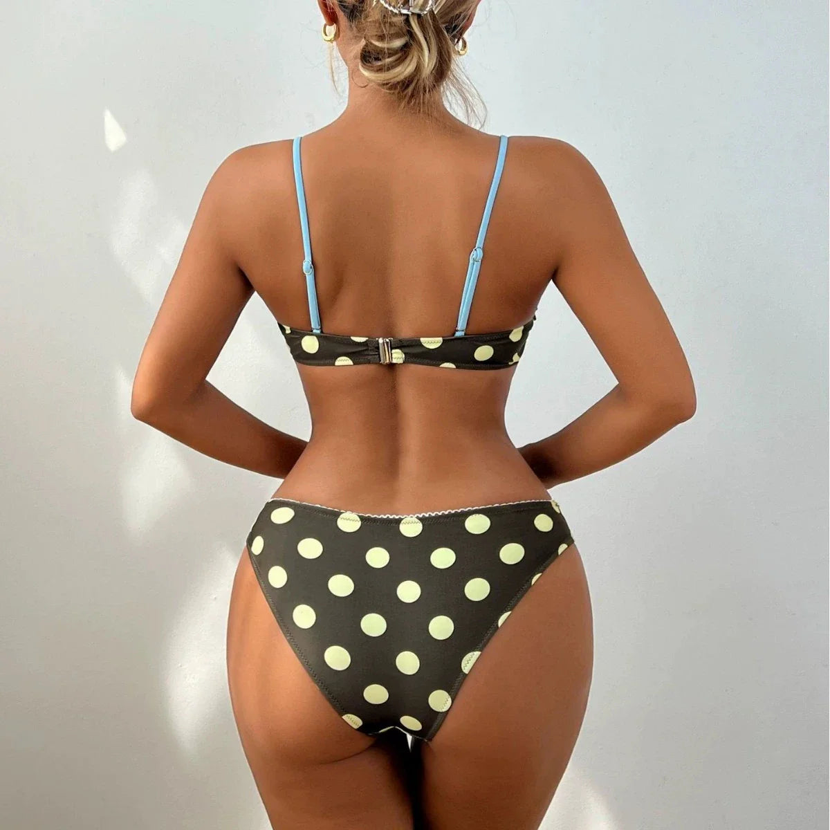 Coffee Polka Dot Print Bikini Halter Push Up Underwire High Waist Swimsuit Beach Holiday Bathing Suit Swimwear