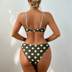 Coffee Polka Dot Print Bikini Halter Push Up Underwire High Waist Swimsuit Beach Holiday Bathing Suit Swimwear