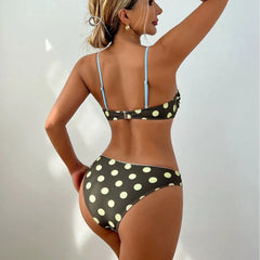 Coffee Polka Dot Print Bikini Halter Push Up Underwire High Waist Swimsuit Beach Holiday Bathing Suit Swimwear