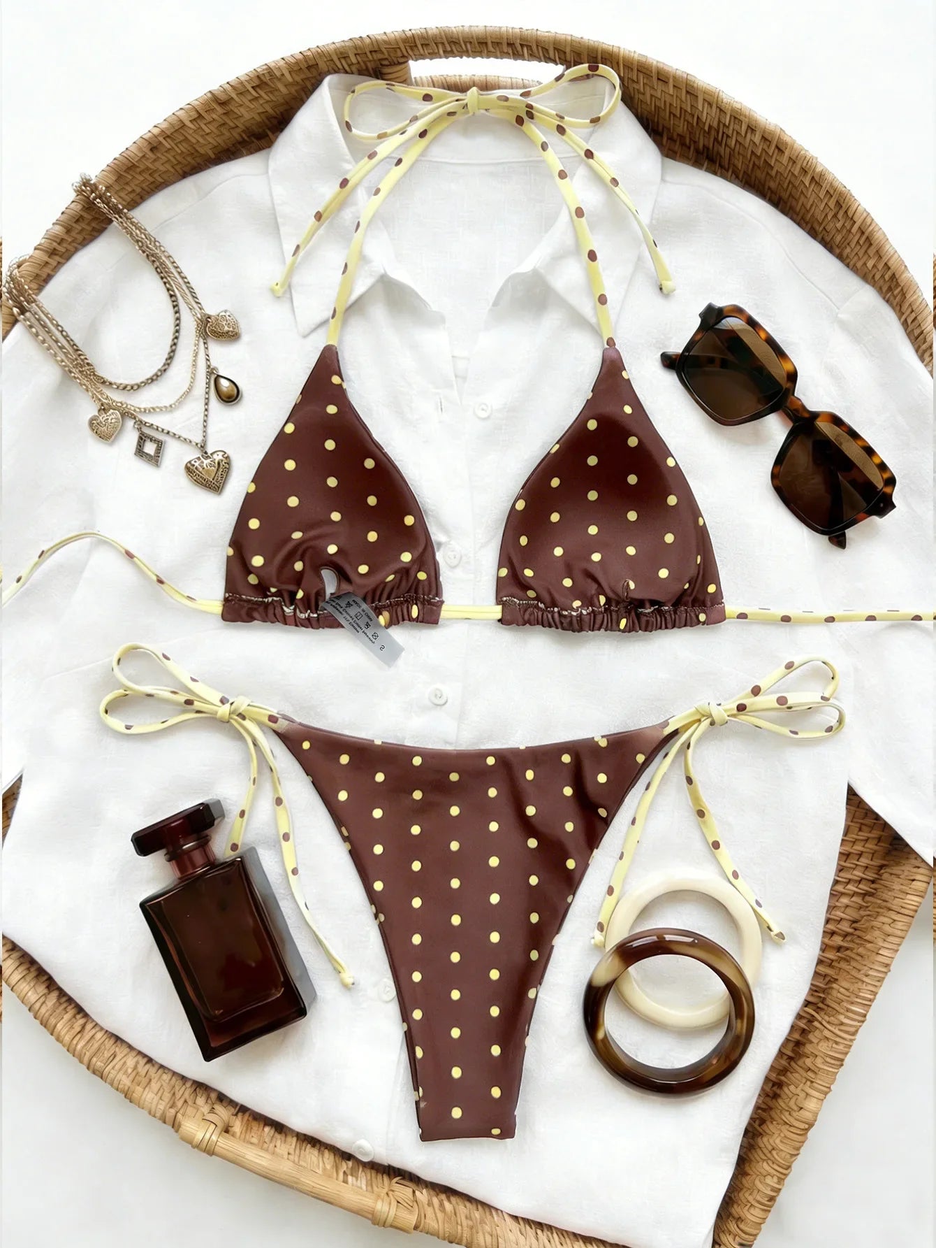 Coffee Polka Dot Print Bikini Set