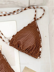 Coffee Polka Dot Print Micro Bikini Halter Push Up Bra Bandage Thong Swimsuit Bathing Suit