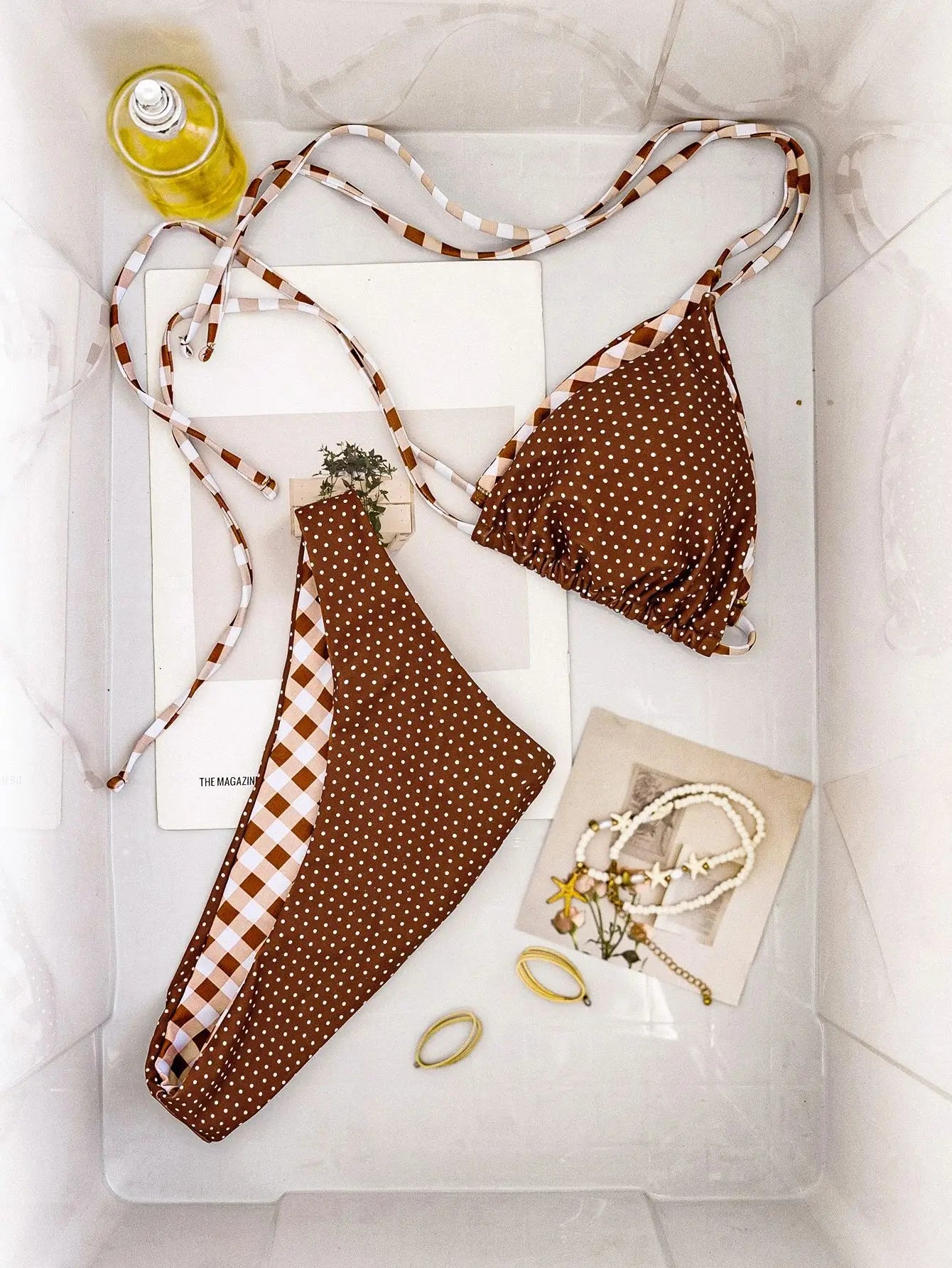 Coffee Polka Dot Print Micro Bikini Halter Push Up Bra Bandage Thong Swimsuit Bathing Suit