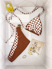 Coffee Polka Dot Print Micro Bikini Halter Push Up Bra Bandage Thong Swimsuit Bathing Suit