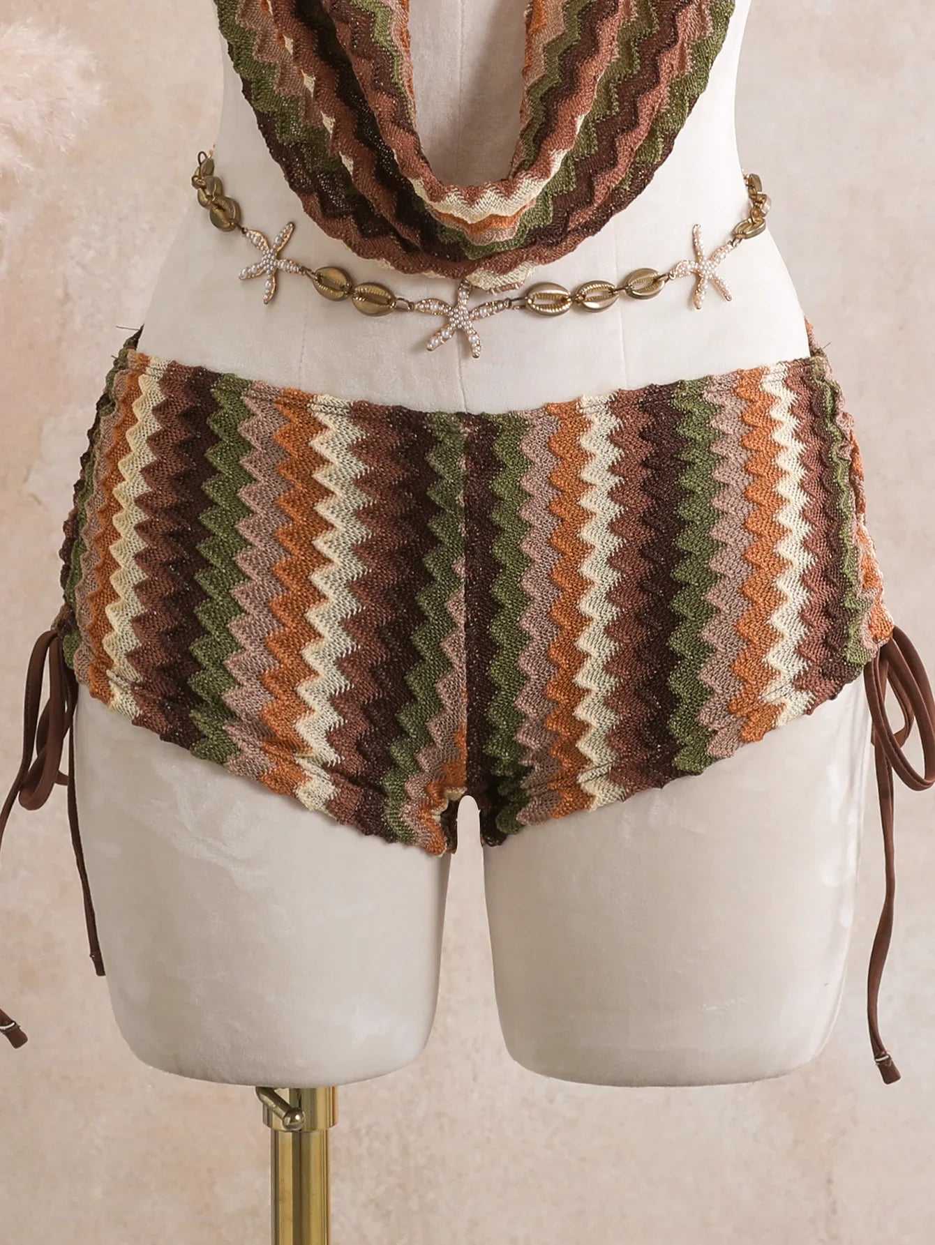 Coffee Striped Knitted Skirt Bikini Set