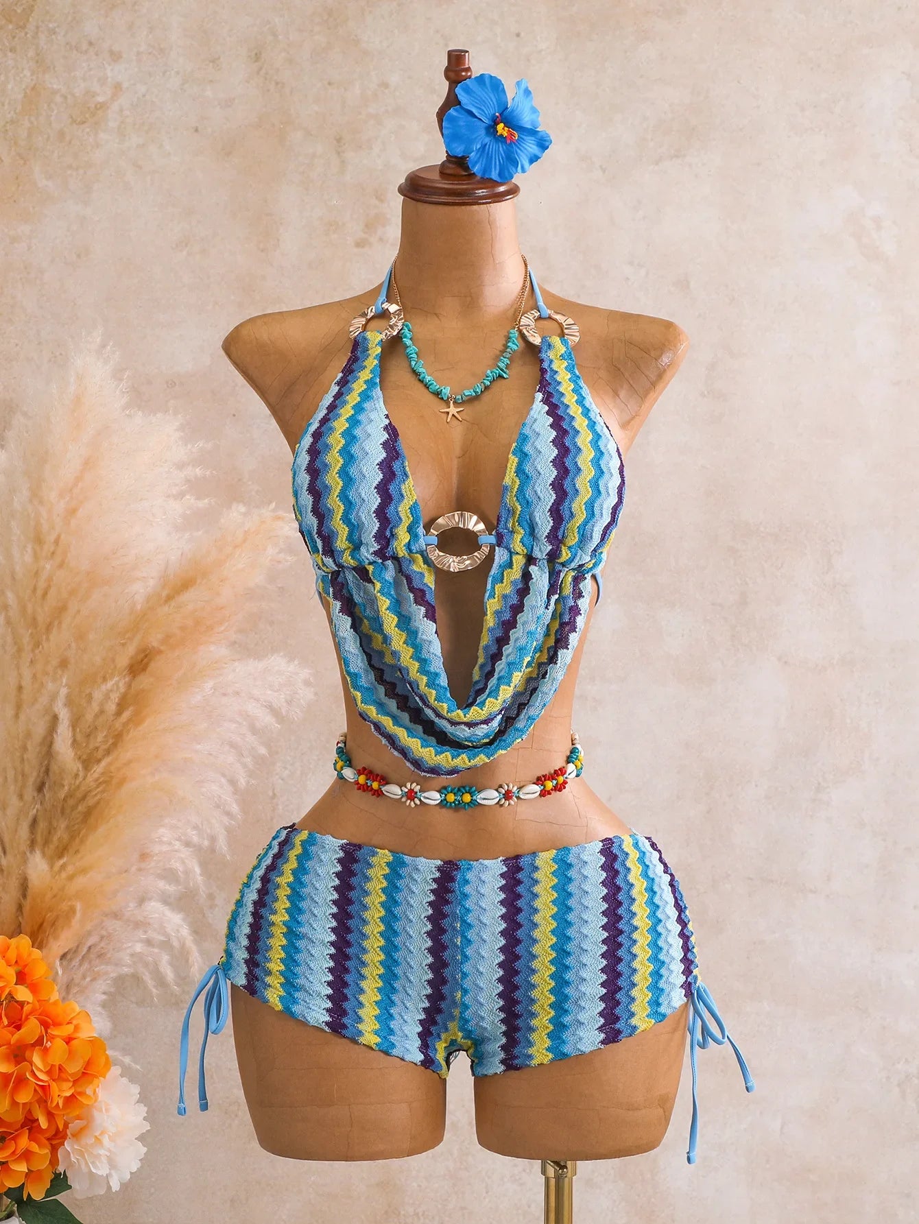 Coffee Striped Knitted Skirt Bikini Set