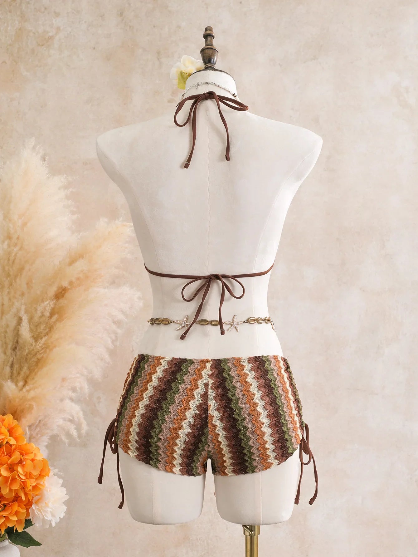Coffee Striped Knitted Skirt Bikini Set