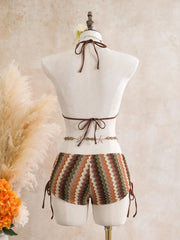 Coffee Striped Knitted Skirt Bikini Set