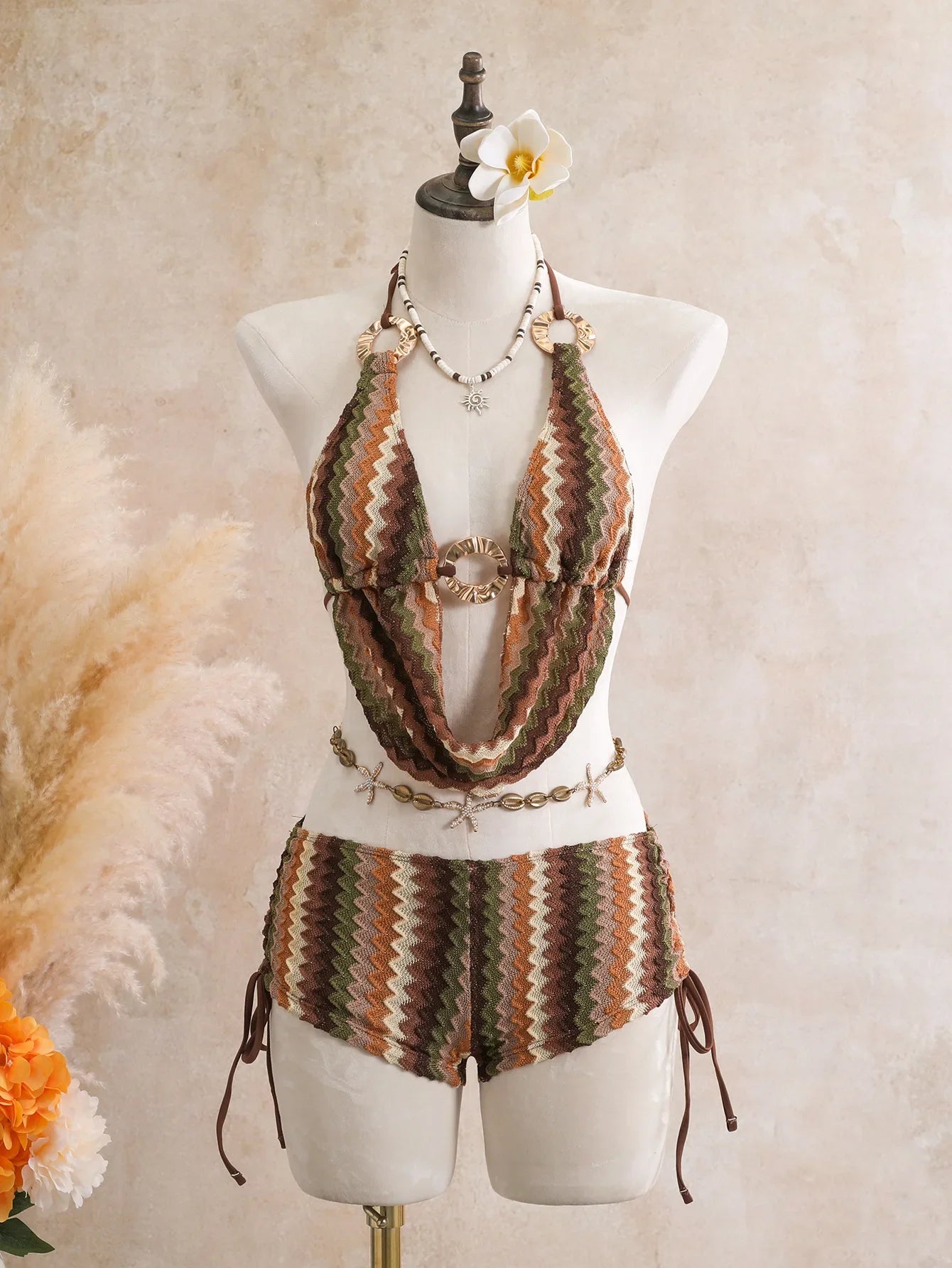 Coffee Striped Knitted Skirt Bikini Set