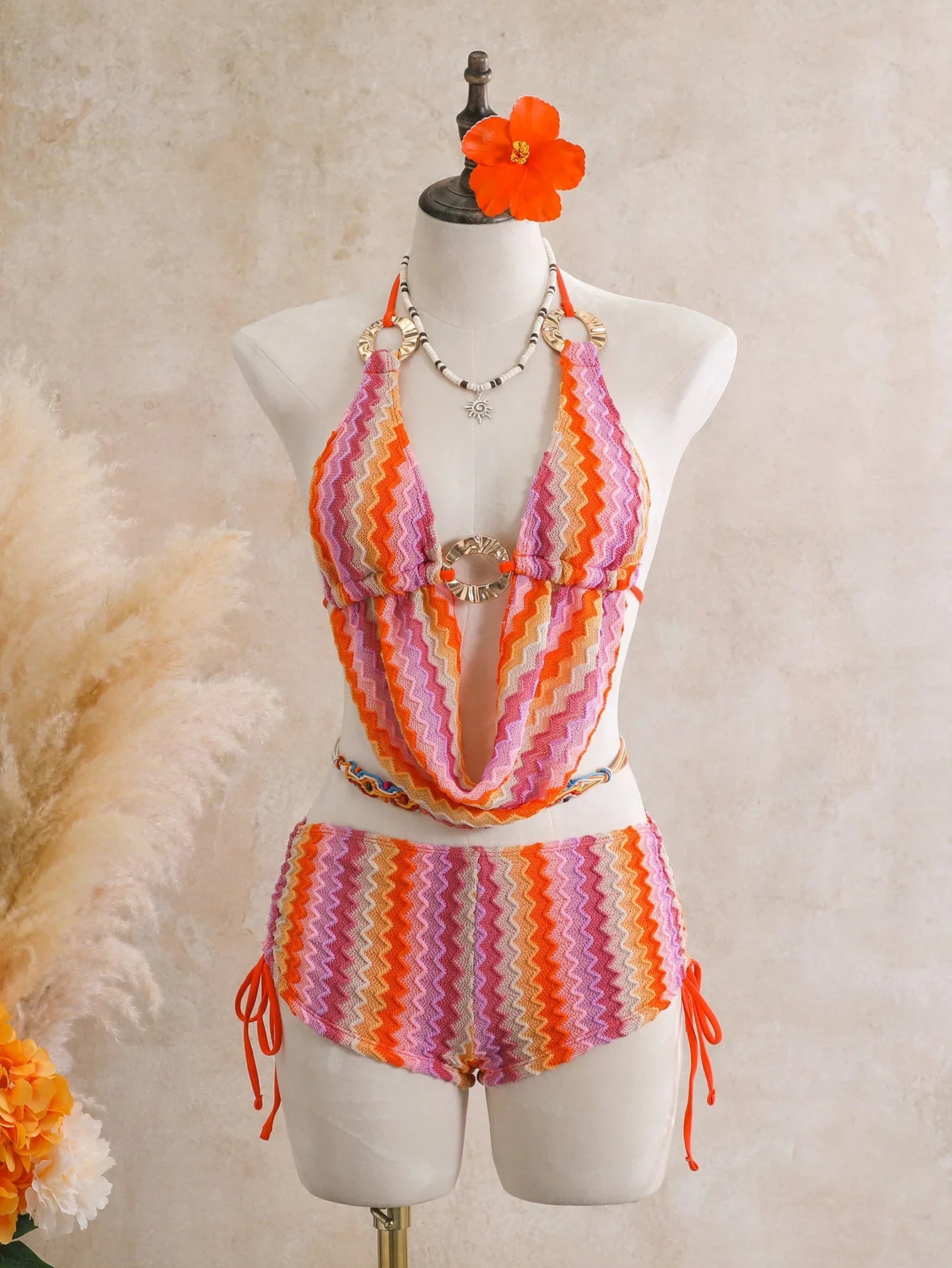 Coffee Striped Knitted Skirt Bikini Set
