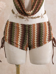Coffee Striped Knitted Skirt Bikini Set