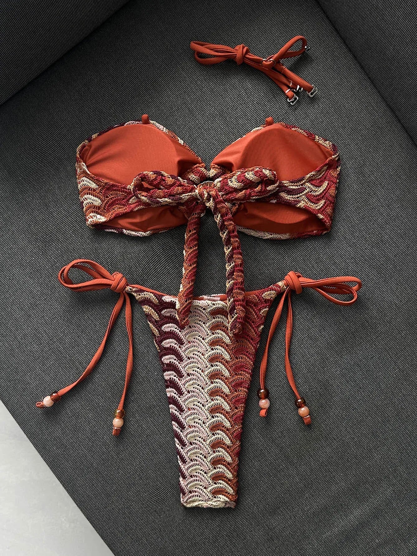 Coffee Striped Micro Bikini Bandeau Metal Shell Push Up Bra Bandage Thong Swimwear Beach Bathing Suit Swimsuit