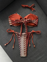 Coffee Striped Micro Bikini Bandeau Metal Shell Push Up Bra Bandage Thong Swimwear Beach Bathing Suit Swimsuit