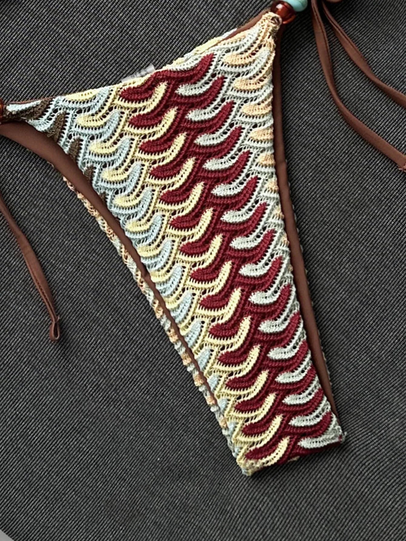 Coffee Striped Micro Bikini Bandeau Metal Shell Push Up Bra Bandage Thong Swimwear Beach Bathing Suit Swimsuit
