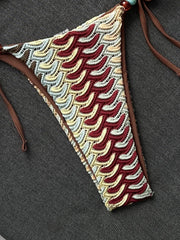 Coffee Striped Micro Bikini Bandeau Metal Shell Push Up Bra Bandage Thong Swimwear Beach Bathing Suit Swimsuit
