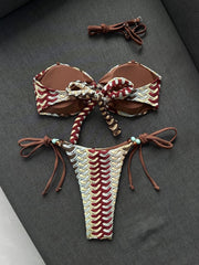 Coffee Striped Micro Bikini Bandeau Metal Shell Push Up Bra Bandage Thong Swimwear Beach Bathing Suit Swimsuit