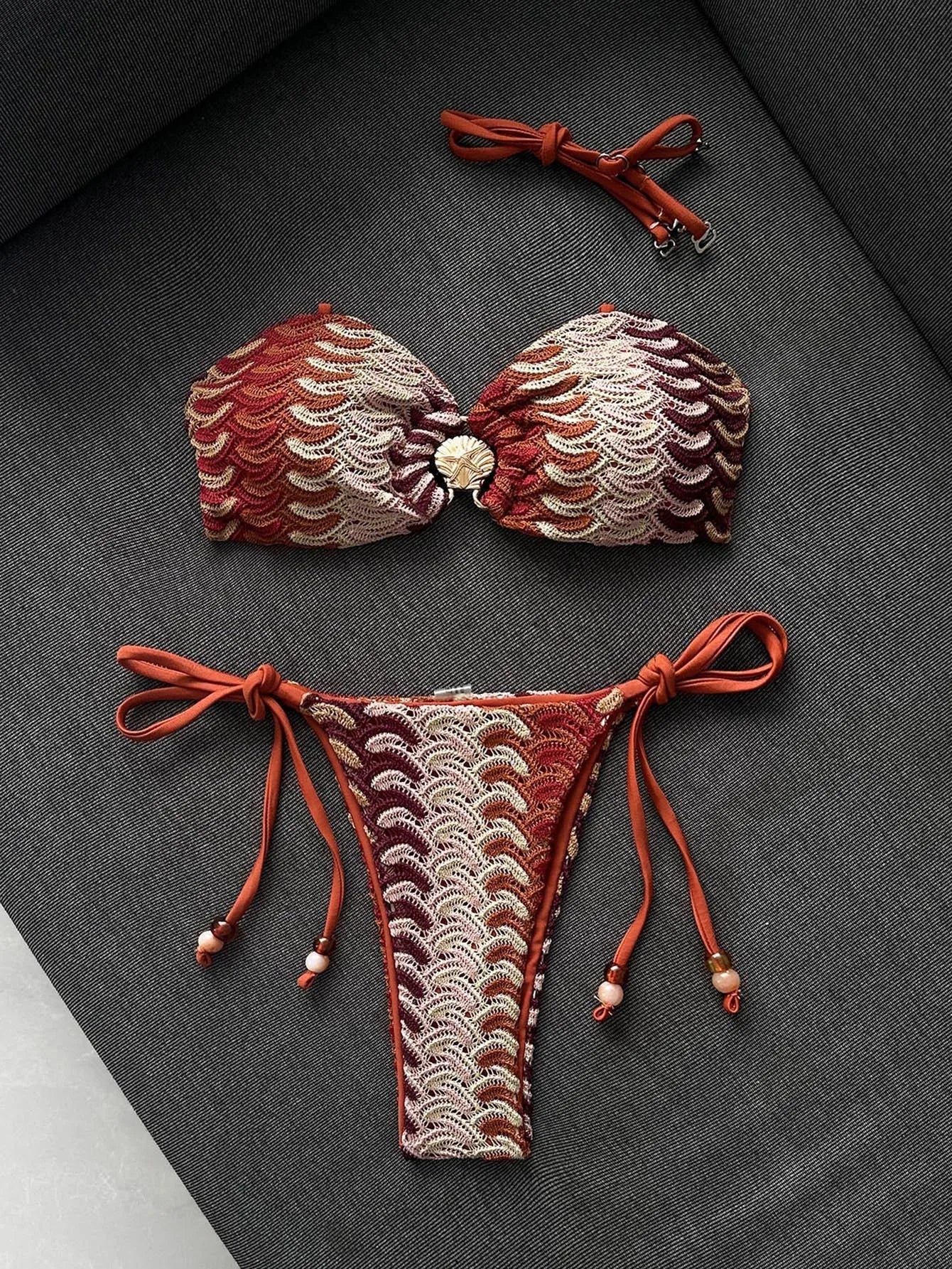 Coffee Striped Micro Bikini Bandeau Metal Shell Push Up Bra Bandage Thong Swimwear Beach Bathing Suit Swimsuit