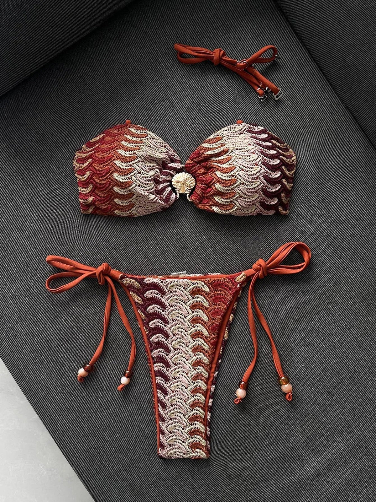 Coffee Striped Micro Bikini Bandeau Metal Shell Push Up Bra Bandage Thong Swimwear Beach Bathing Suit Swimsuit