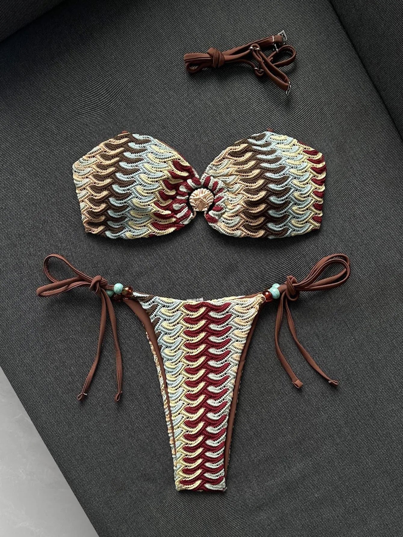 Coffee Striped Micro Bikini Bandeau Metal Shell Push Up Bra Bandage Thong Swimwear Beach Bathing Suit Swimsuit