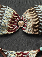 Coffee Striped Micro Bikini Bandeau Metal Shell Push Up Bra Bandage Thong Swimwear Beach Bathing Suit Swimsuit
