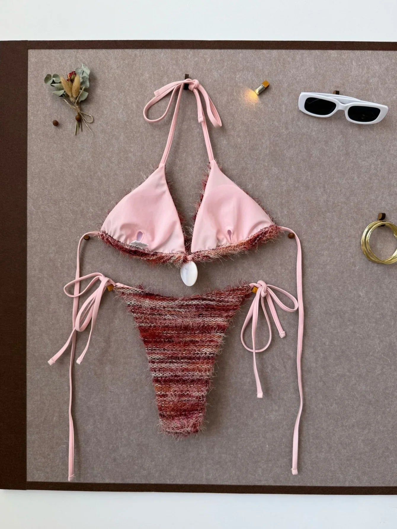 Coffee Striped Micro Bikini Towel Cloth Circle Push Up Bra Tie Side Thong Swimsuit Bathing Suit